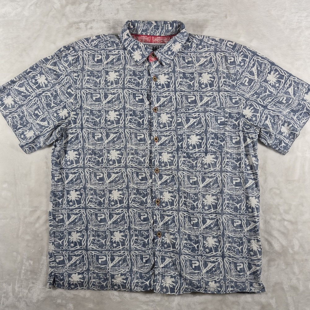 Pelagic Button Up Shirt Men's Large Blue Hawaiian Aloha Palm Tree Fish Comfort